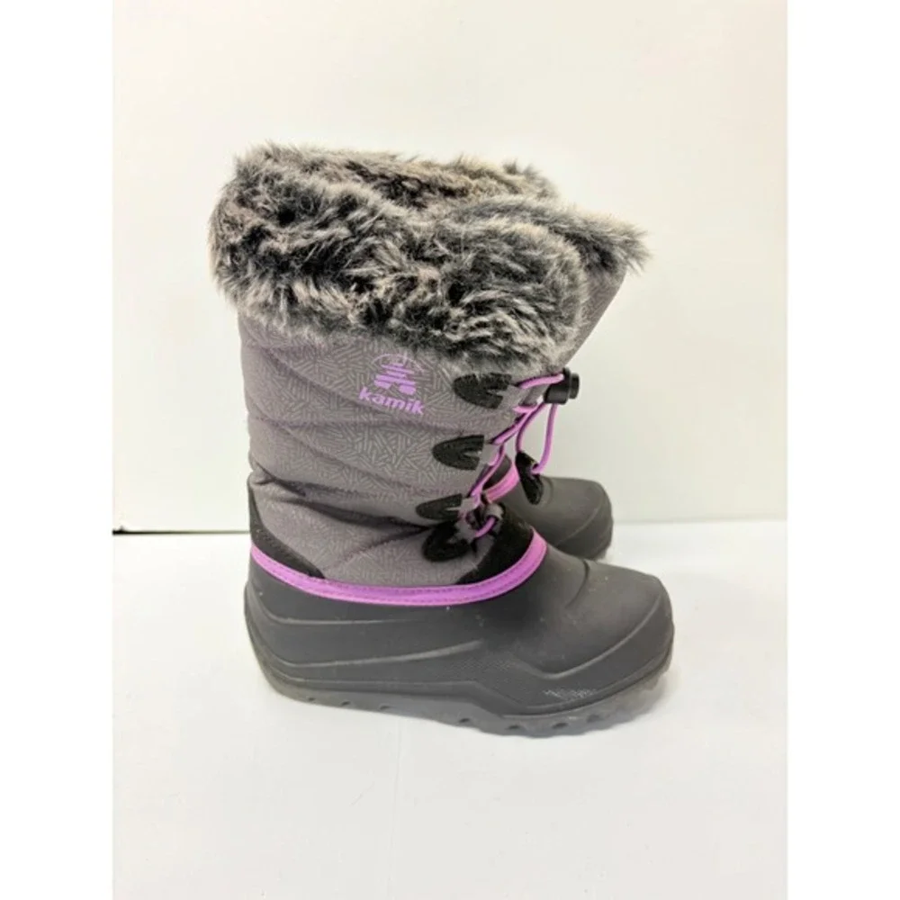 Kamik Winter Boots Kids Size 2 Gray Purple Faux Fur Trim Waterproof Quilted